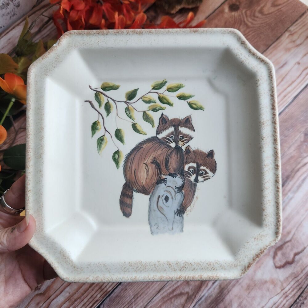 Vintage 1982 Handpainted Raccoon Animal SQUARE Ceramic Plate WILDLIFE WOODLAND